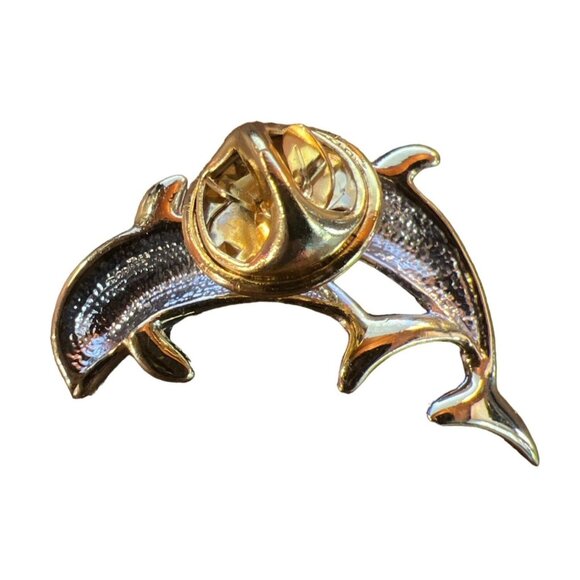 Dolphin-Themed Gold Tone Rhinestone Encrusted Brooch Pin - Picture 3 of 11